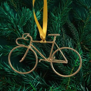 Road bike ornament hanging on a tree